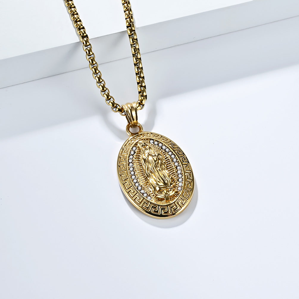 Wholesale Virgin Mary Titanium Steel Necklace Plated Retro Great Wall Pattern Men's Pendant